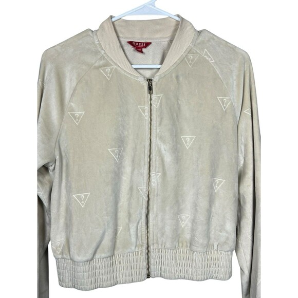 Guess Jeans Women’s Beige Question Logo Zip Front Velour Hoodie Beige M - Picture 2 of 14
